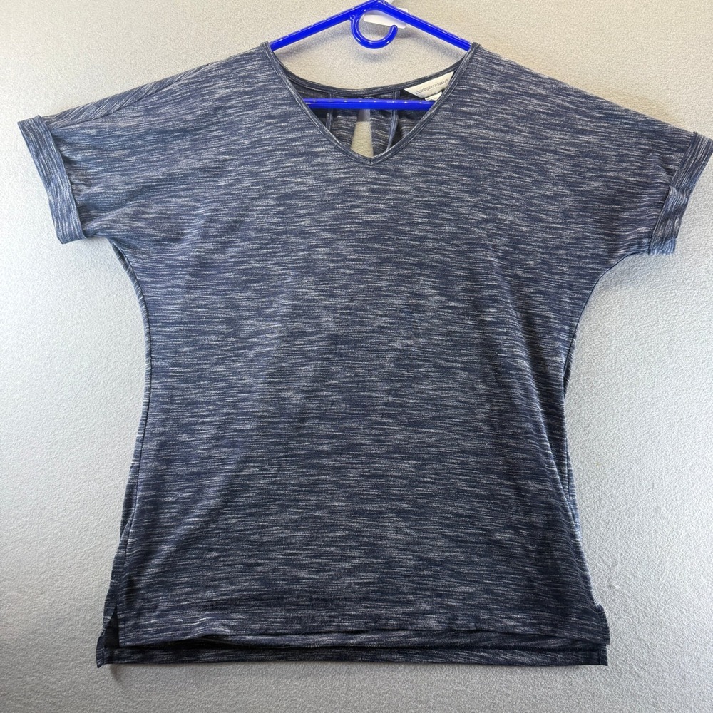 Christopher & Banks Navy Space Dye V-Neck Top Short Sleeve Cuffed Keyhole Back M